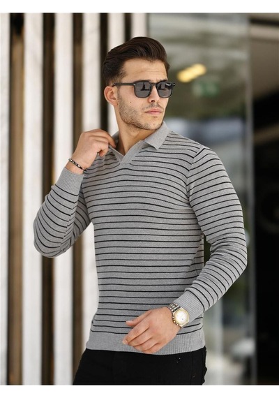 Gri Erkek Slim Fit Polo Yaka Patlı Triko Kazak-trz19132r02s Gri