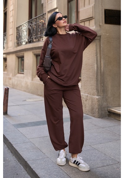Mezka Regular Fit 2'li Takım Sweatshirt Beli Lastikli Jogger Eşofman Altı Kahverengi