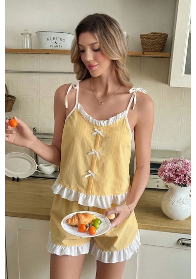 Bella Notte Sarı Fırfır Ve Fiyonk Detaylı Askılı Şortlu Pijama Takımı
