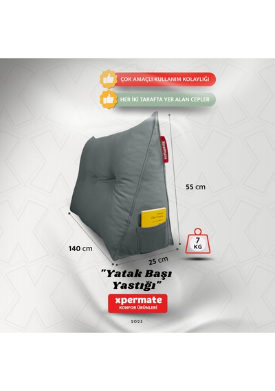 Yatak Başı Yastığı Sırt Ve Bel Destek Yastığı 140 Cm Gri