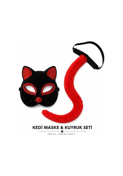 Mey İthalat Kırmızı Kedi Maske Ve Kuyruk Seti Parti Kostüm Aksesuarı