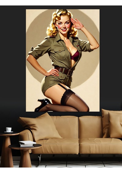Askeri Üniformalı Seksi Pin-up Dekoratif Kanvas - Mdf Ahşap Tablo