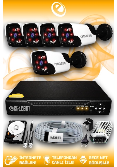 Elitcam 5 Kameralı Panda 5 Dış Kamera Set 320 GB HDD Full HD Gece Görüşlü Güvenlik Kamerası Sistemi