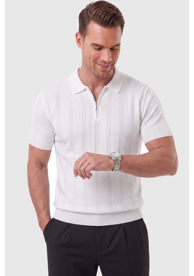 Rizzup Erkek Fermuarlı Polo Yaka Çizgi Dokulu Beyaz Triko Tişört Regular Fit Yumuşak Dokulu 2608007 Rizzup Erkek Fermuarlı Polo Yaka Çizgi Dokulu Beyaz Triko Tişört Regular Fit Yumuşak Dokulu 2608007