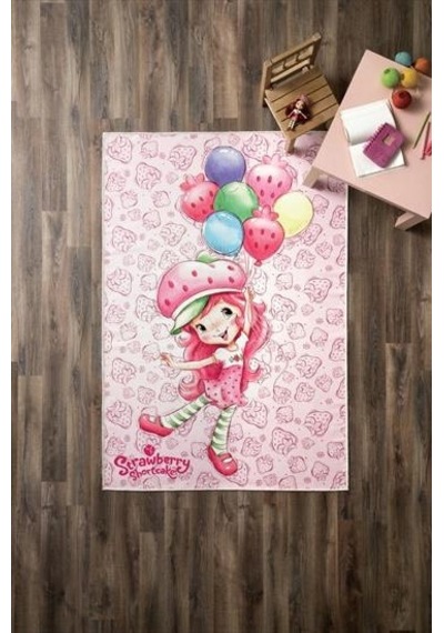 Taç Lisanslı Çocuk Halısı Çilek Kız Ballons 120x180 Strawberry Shortcake Pembe