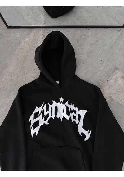 Etiler Collection Üç İplik Kapşonlu Baskılı Oversize Sweatshirt- Siyah