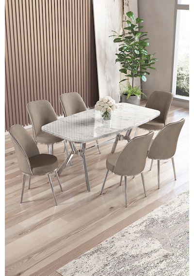 Canisa Lena Serisi 90x160 Lak Panel Beyaz Mermer Desen Krom Ayaklı Masa Takımı Ve 6 Cappucino Sandalye Beyaz Mermer Desen Masa Sandalyeler Cappucino Canisa Lena Serisi 90x160 Lak Panel Beyaz Mermer Desen Krom Ayaklı Masa Takımı Ve 6 Cappucino Sandalye Beyaz Mermer Desen Masa Sandalyeler Cappucino