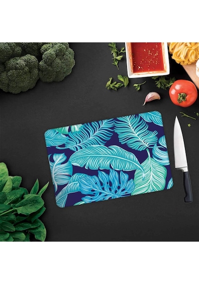 Decorita 10011501055 Mavi Tropik Yapraklar Cam Kesme Tahtası, 20cm X 30cm Diğer