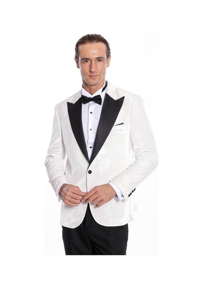 Wessi Kadife Slim Fit Beyaz Erkek Smokin Ceketi Beyaz