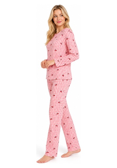 Sleeeproom Kadın Süet Mevsimlik Ekose Desen Pembe Pijama Takımı Pembe - Beyaz