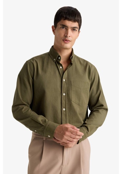 Defacto Regular Fit Polo Yaka Gabardin Uzun Kollu Gömlek F1261ax25aukh82 Haki