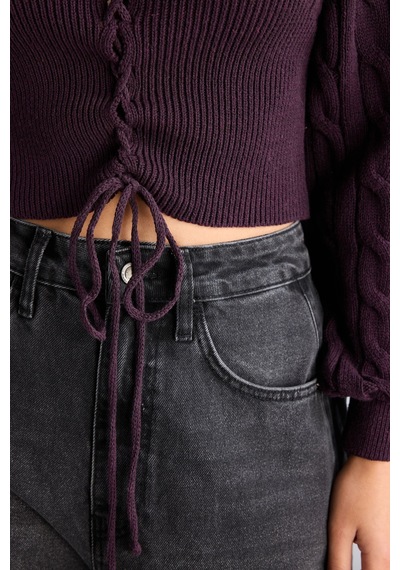 Defacto Regular Fit Bisiklet Yaka Saç Örgülü Bağcık Detaylı Triko Crop Kazak I9174ax26wnpr201 Mor-pr201