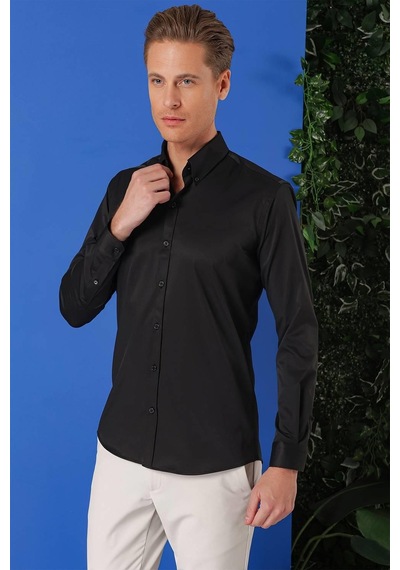 Efor Slim Fit Düğmeli Yaka Uzun Kol Pamuklu Klasik Siyah Gömlek Gk 716 Siyah