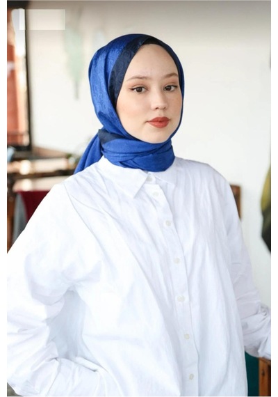 Premium Lux Original Monogram Şal İpek Vual, Yüksek Kalite, Hafif, Rahat, Şık, Tesettür, Shawl Saks Mavi Lacivert Şeritli