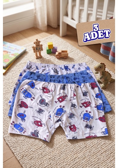 Andredimoda Erkek Çocuk Boxer Pamuklu Desenli Boxer 3'lü Paket Lacivert Lacivert