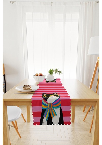 Vivanni Home Yıkanabilir Dikdörtgen Runner Günlük Kullanıma Uygun, Pratik Ve Uzun Ömürlü Pembe Kedi