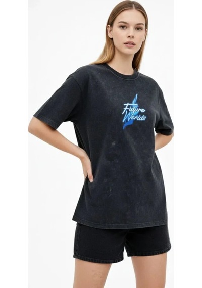 Butik İstanbul Asit Yıkamalı Oversize Tişört Future Worlds Baskılı Bisiklet Yaka Kısa Kollu Streetwear %100 Pamuk Street Style T-shirt - Siyah