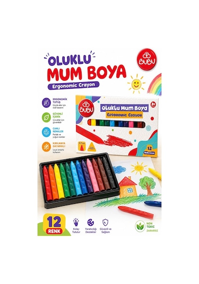 Oluklu Mum Boya 12 Li 1 Paket Bubu 12 Renk Mumboya Elleri Kirletmeyen Yıkanabilir Silinebilir Karton Kutu Çok Renkli