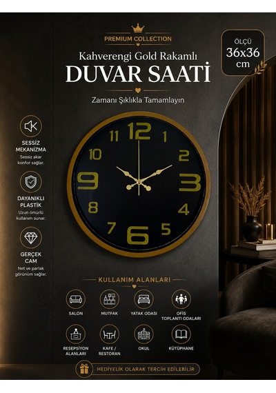 36 Cm Kahverengi Gold Rakamlı Duvar Saati Gold Kulvarlı Siyah Kadran