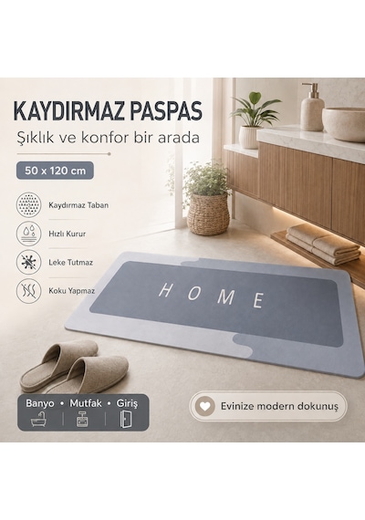 Kauçuk Kaymaz Tabanlı Ultra Emici Banyo Paspası 50x120 Cm Hızlı Kuruyan Paspas Gri