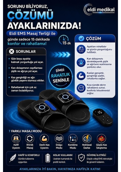Eldi Medikal Ems Ayak Masaj Terliği - 7 Mod 15 Kademe - Rahatlatıcı Masaj Aleti