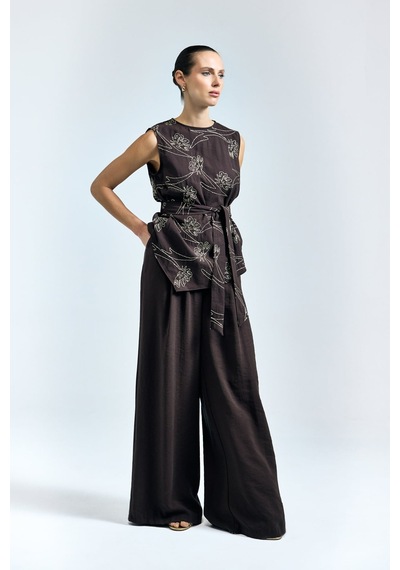 Sateen Dina Pantolon - Koyu Kahve-137349 Koyu Kahverengi