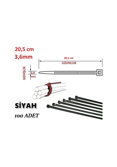 100 Adet 20Cm X 3.6Mm Plastik Cırt Kelepçe Kablo Bağı Siyah