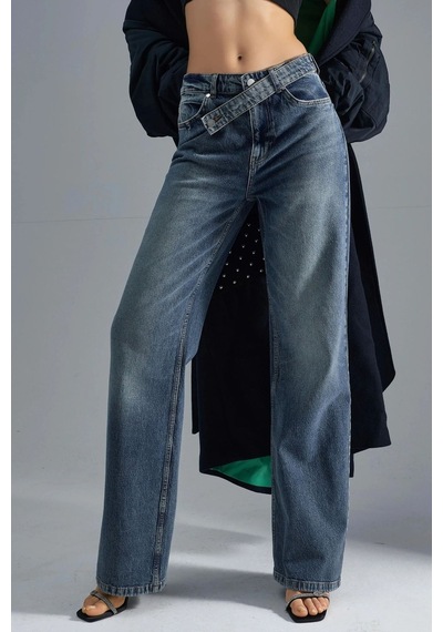 Hiccup Squalo Yüksek Bel Geniş Paçalı Kot Pantolon Orta Mavi Denim