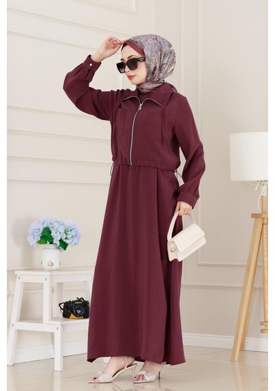 Sevitli Cep Detaylı Cepkenli Ela Elbise-bordo-5078