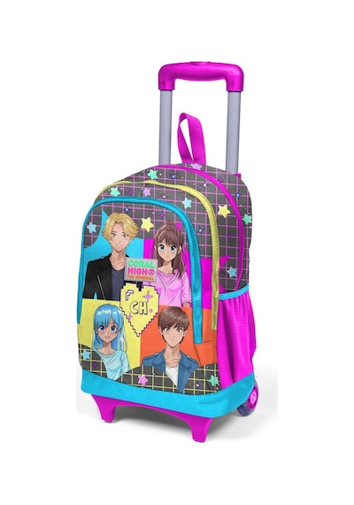 Coral High Gri Mavi Pembe Anime Desenli Üç Bölmeli Çekçekli Okul Sırt Çantası 23937