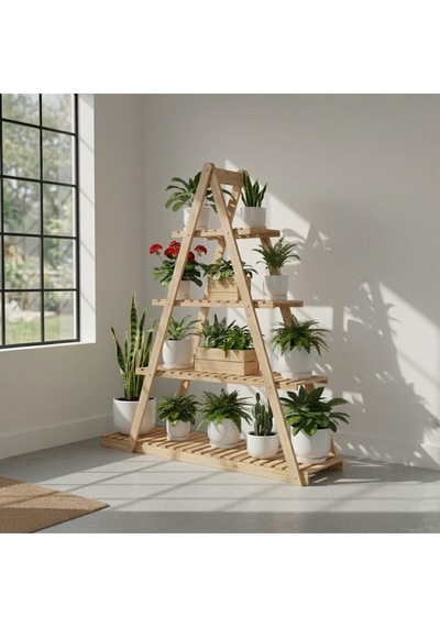 Doğal Ahşap 5 Katlı Merdiven Çiçeklik - 150x150 Cm Taşınabilir Saksı Standı Balkon Bahçe Rafı Bej