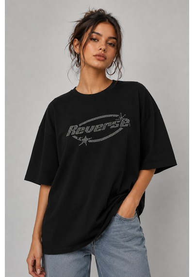 Bozzbozzcollection Kadın Reverse Taş Baskılı Oversize Tshirt Siyah