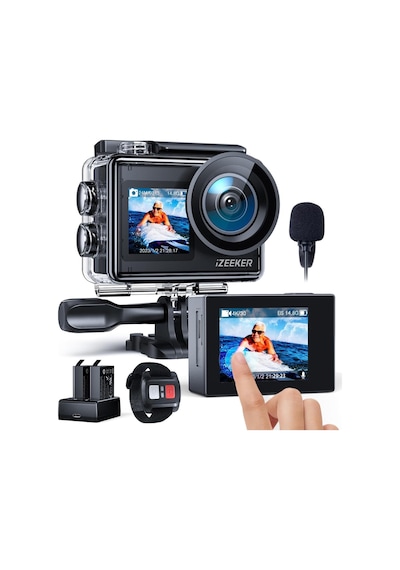 Izeeker 4k 24 Mp Aksiyon Kamerası, 40 M Su Geçirmez, Çift Ekran, Wi-fi, Eıs Destekli Siyah Renk