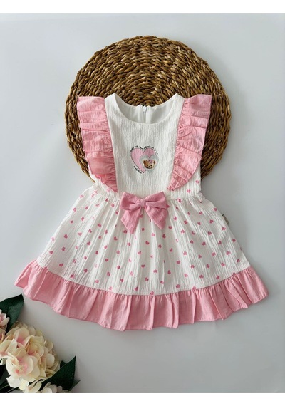 Miniğimin Cicileri Ayıcıklı Fırfırlı Kız Çocuk Elbise - Pembe Pembe