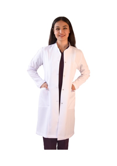 Vayteks Hakim Yaka Uzun Boy Kadın Doktor Öğretmen Laboratuvar Önlüğü Beyaz
