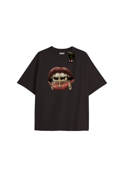 Flood Of Style Siyah Oversize T-shirt Dudak Diş Baskılı Taş Desen Litee Özel Tasarım