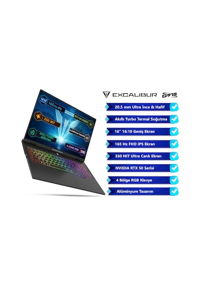 Casper Excalibur Gaming G915.240H-BF60X-C i7-240H16 GB 1 TB SSD RTX5060 16" Free Dos Dizüstü Bilgisayar