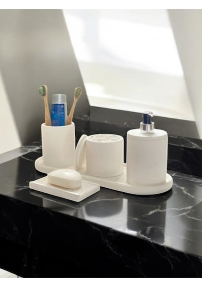 Mermer Desen Kırık Beyaz Beton Banyo Aksesuar Seti,tepsi,katı Ve Sıvı Sabunluk,pamukluk Beyaz