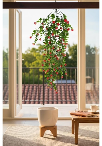 Yapay Çiçek Kırmızı Sarkan Lotus Çiçekli Okaliptus Şimşir Yapay Sarmaşık 5dal 60cm