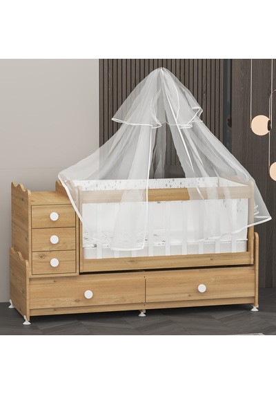 Garaj Home Melina Mdf Çıtalı Beşik + Yatak + Uyku Seti - Meşe Beyaz
