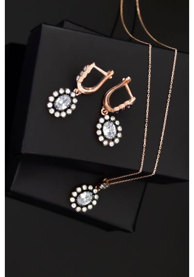 Papatya Silver 925 Ayar Gümüş Rose Kaplama Elmas Montür Oval Set