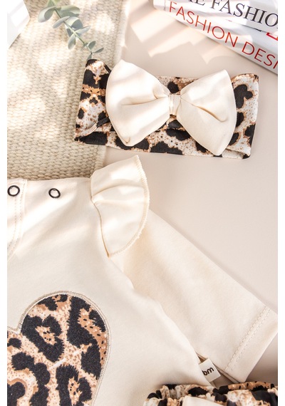 Babymod Leopar Desenli 3'lü Pamuklu Kız Bebek Takım Set Bej