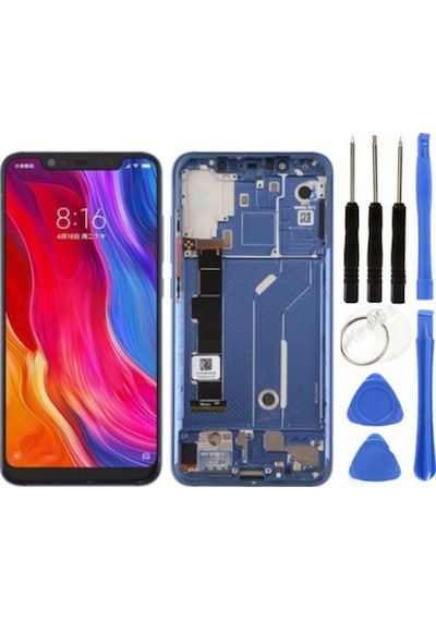 Xiaomi Mi 8 Uyumlu Çıtalı Servis Lcd Ekran Dokunmatik Mavi + Tamir Seti