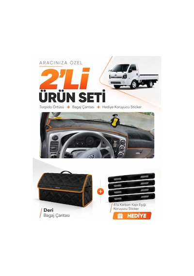 Kia Bongo 2004-2019 Uyumlu Torpido Örtüsü + Deri Bagaj Çantası + Sticker Seti - Siyah Kahverengi