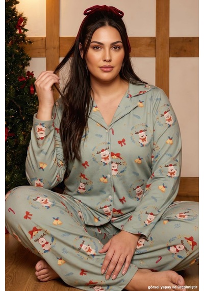 Siyah İnci Yeşil Yılbaşı Temalı Termal Kumaşlı Ultra Soft Yumuşak Büyük Beden Battal Boy Düğmeli Örme Pijama Takımı 26226530