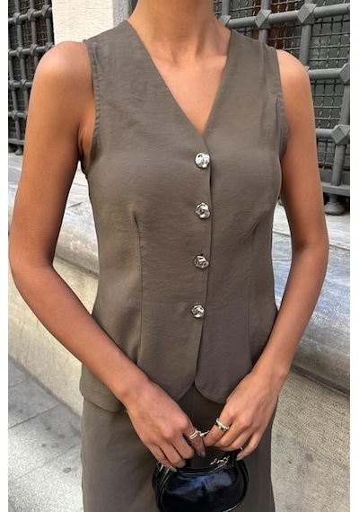 Moderie Butik Arkası Bağcıklı Yelek Plazza Pantolon Modal Takım 10202-08 Haki