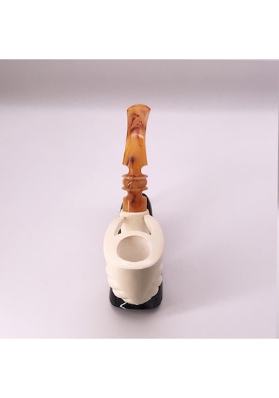 El Oyma Lületaşı Pipo Modern Spiral Tasarım, Amber Akrilik Ağızlık 15 Cm