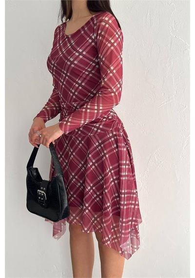 Dipmoda Kadın Mini Boy Desenli Asimetrik Tül Elbise Dpk4162 Bordo