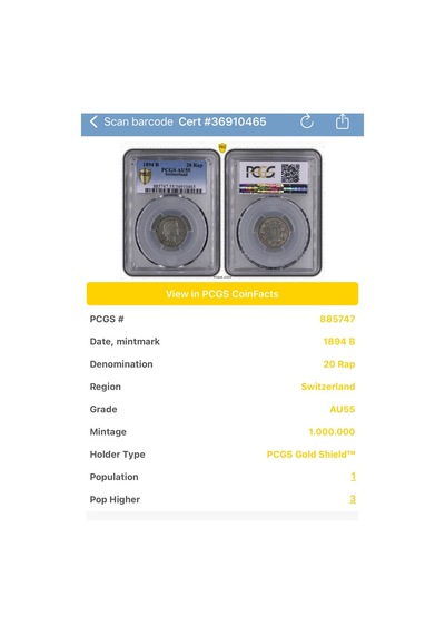 Pcgs Au55 1894 İsviçre 20 Rappen Qr Kodlu Sertifikalı Orijinal Koleksiyon Parası