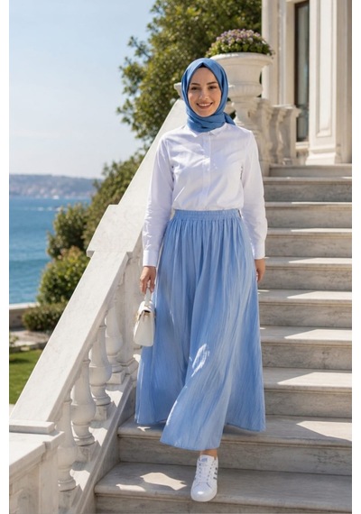 Hb Harma Time Butik Kadın Beli Lastikli Çilek Kumaş Mavi Etek Mavi Mavi